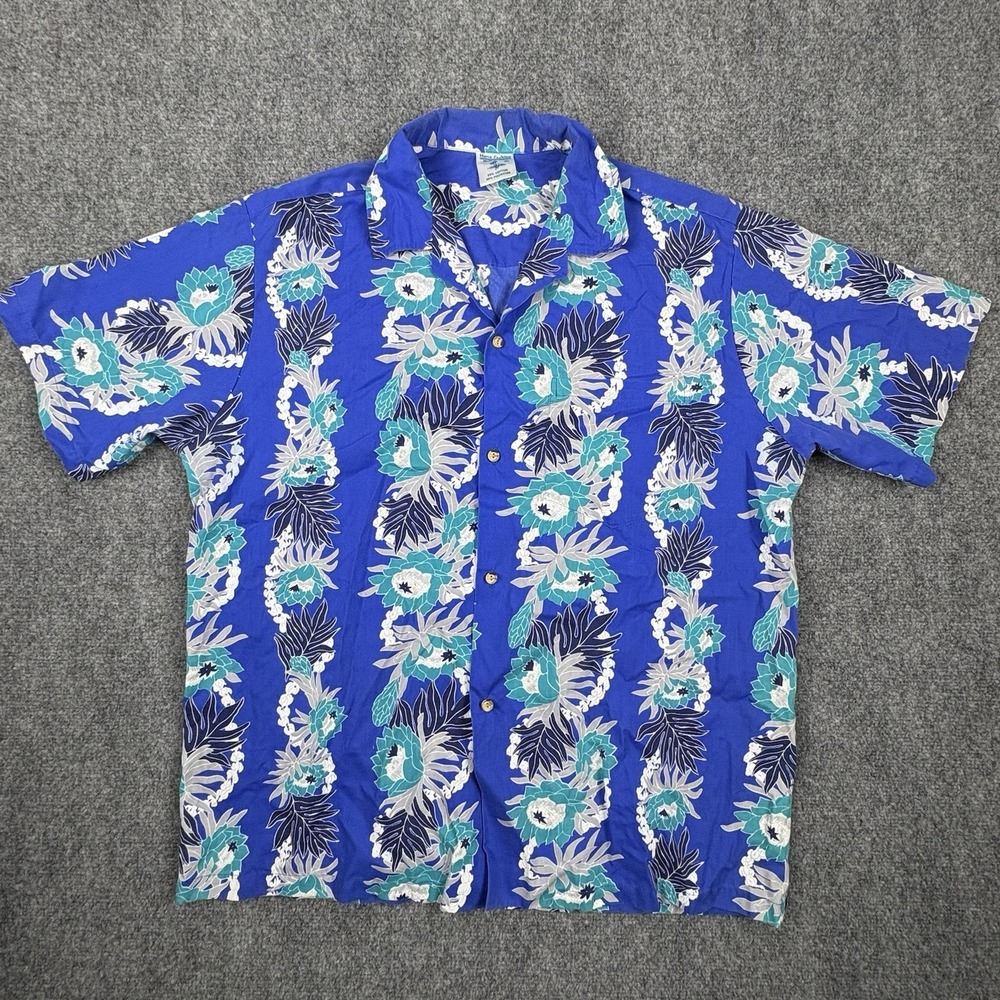 Vintage Hana Fashion Hawaiian Shirt Men's XL Blue Floral Print Made in Hawaii